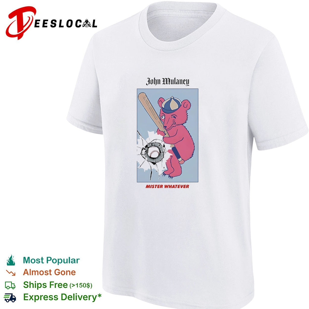 John Mulaney Mister Whatever bear swinging baseball bat and hitting ball shirt