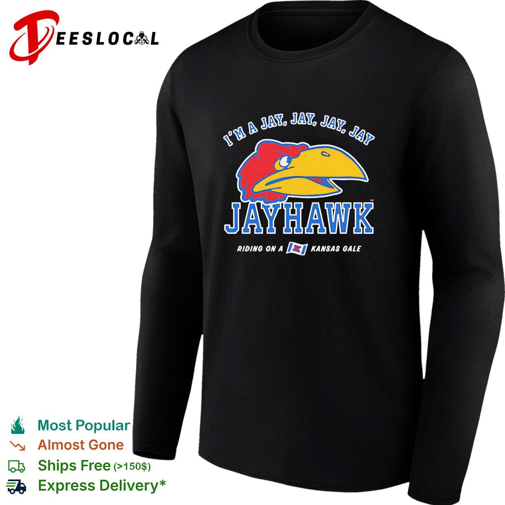 Kansas Jayhawks bird mascot head I’m a jay riding on a Kansas gale shirt
