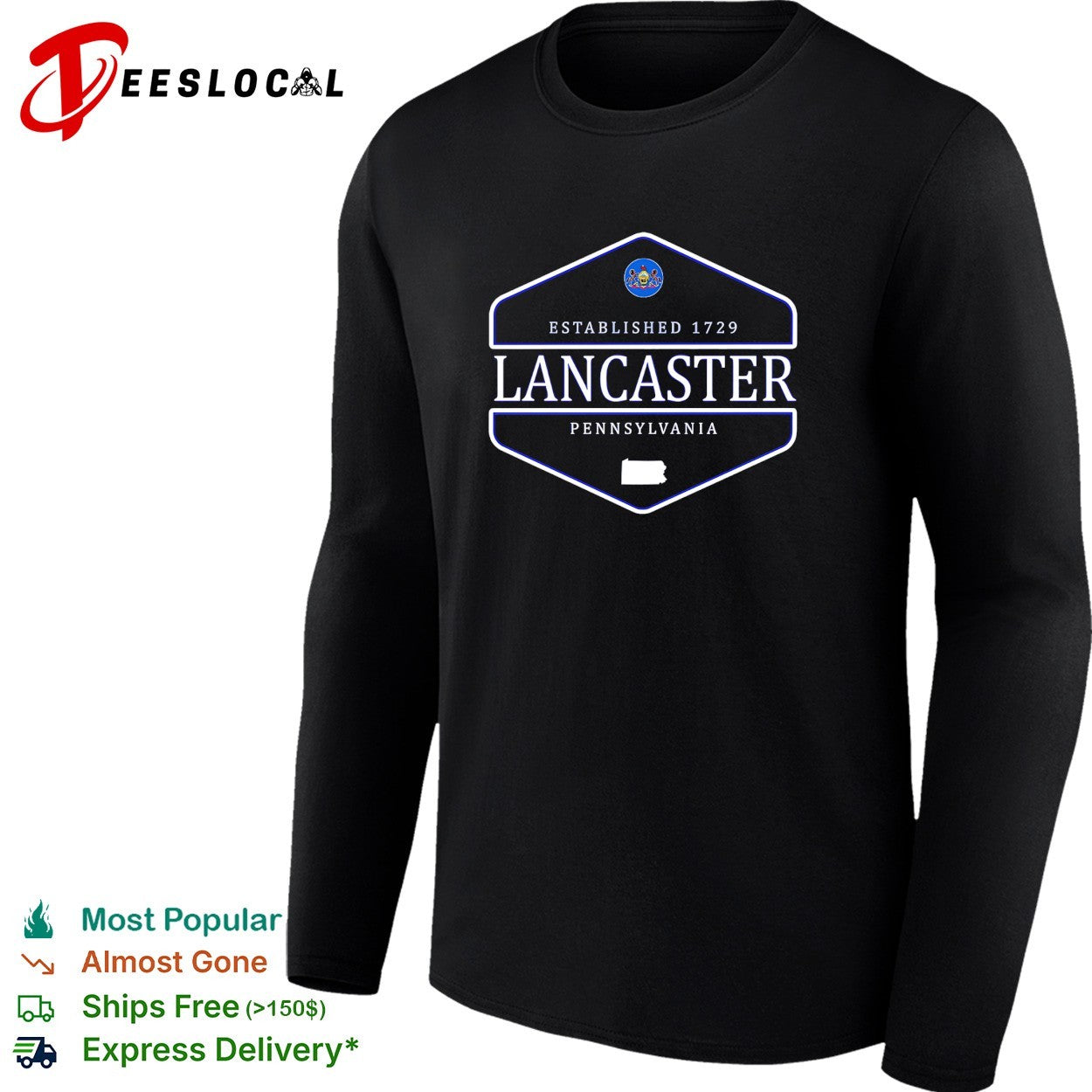 Lancaster Pennsylvania established 1729 badge with state seal and outline shirt