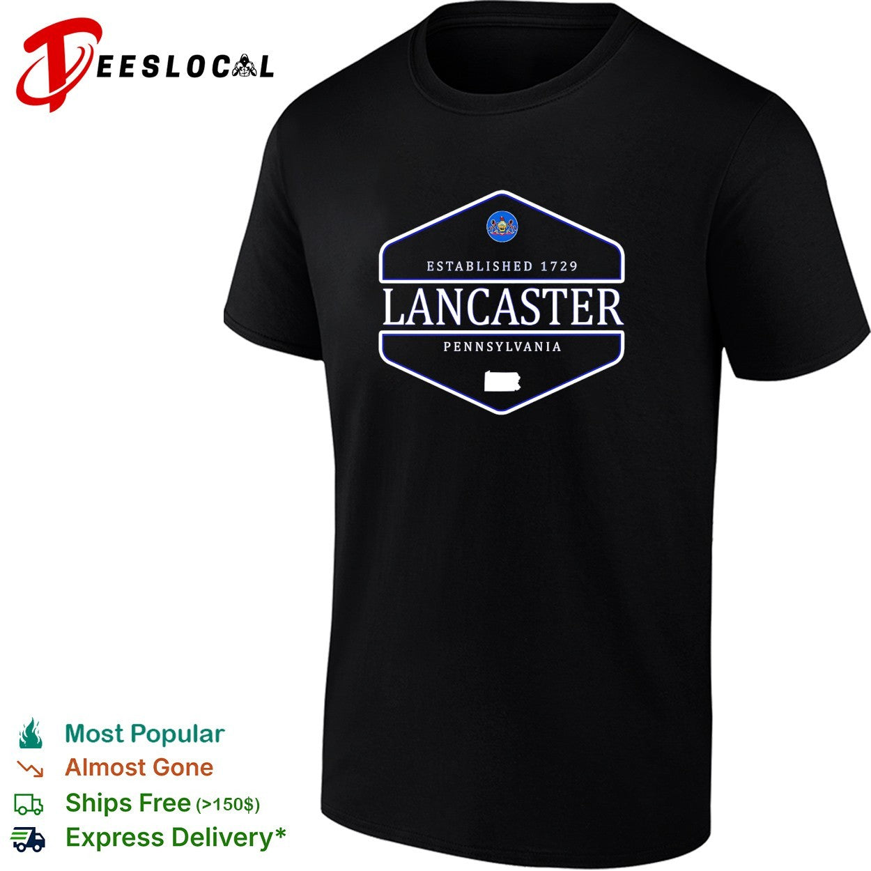 Lancaster Pennsylvania established 1729 badge with state seal and outline shirt