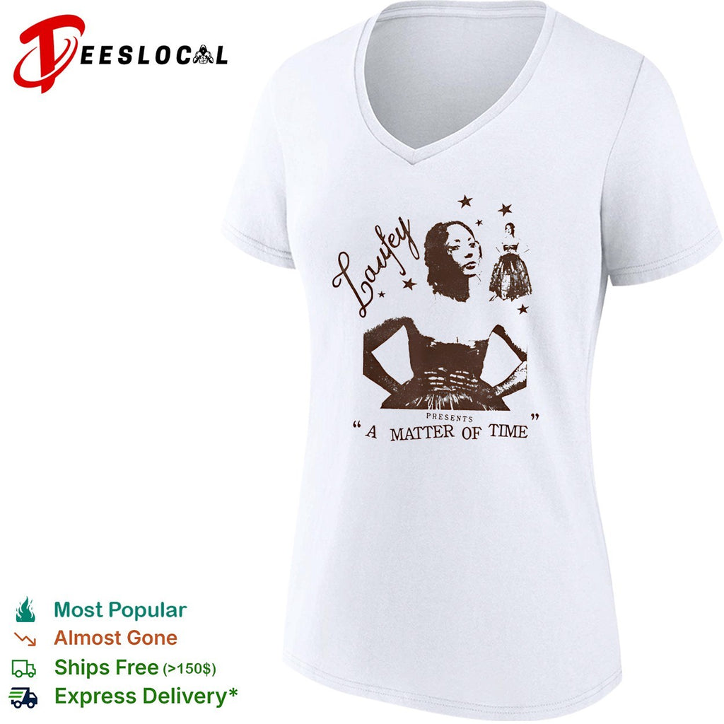Laufey presents a matter of time illustrated woman in dress with hands on hips shirt
