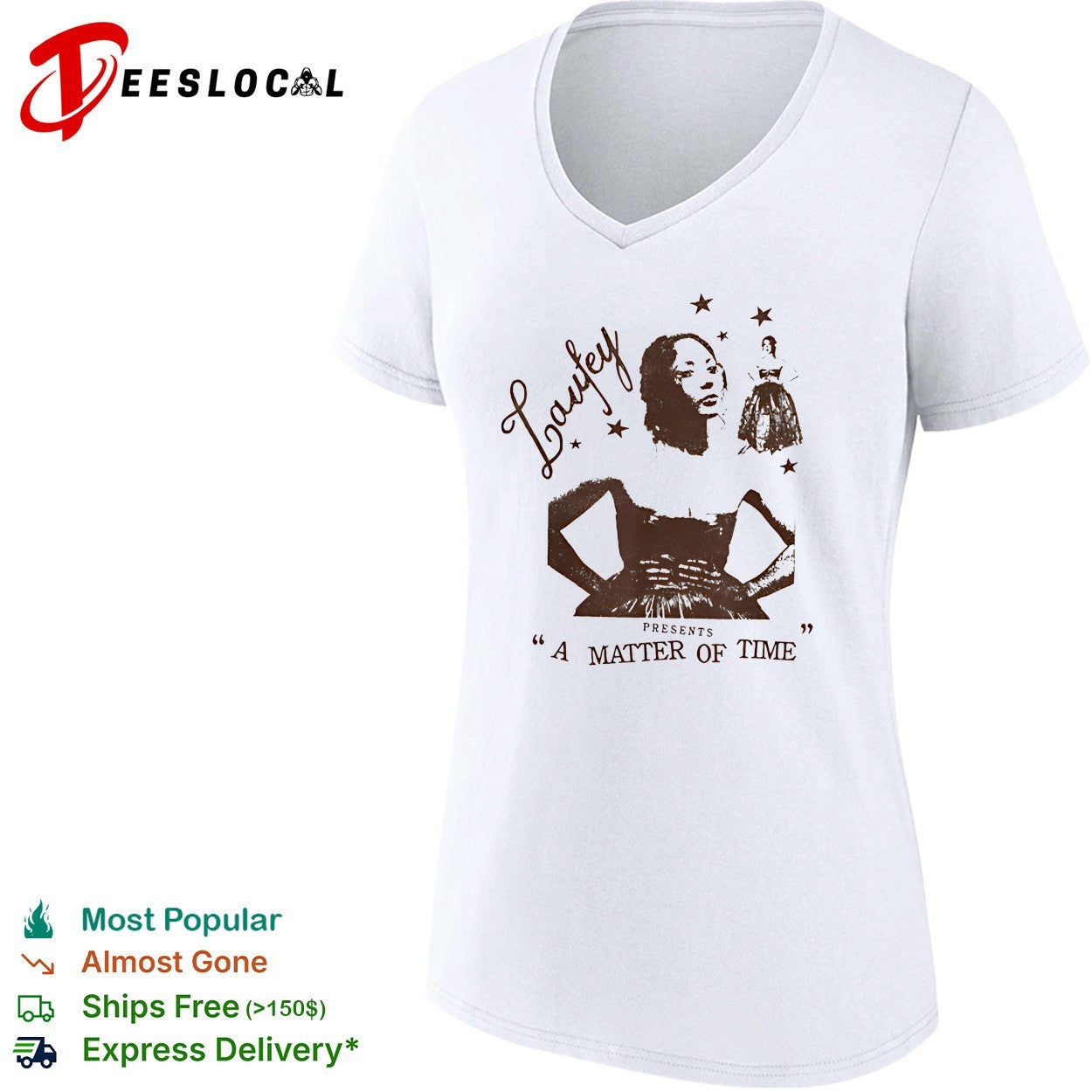 Laufey presents a matter of time illustrated woman in dress with hands on hips shirt