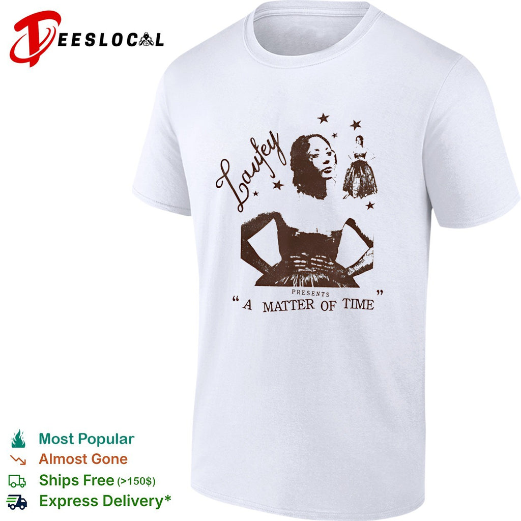 Laufey presents a matter of time illustrated woman in dress with hands on hips shirt