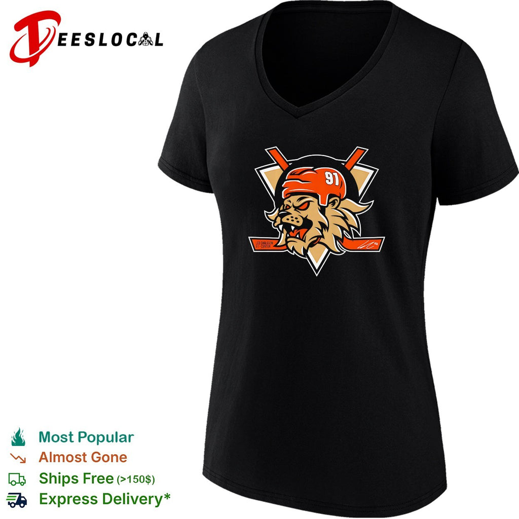 Leo Carlsson 91 center Lion number Anaheim Ducks hockey signature shirt