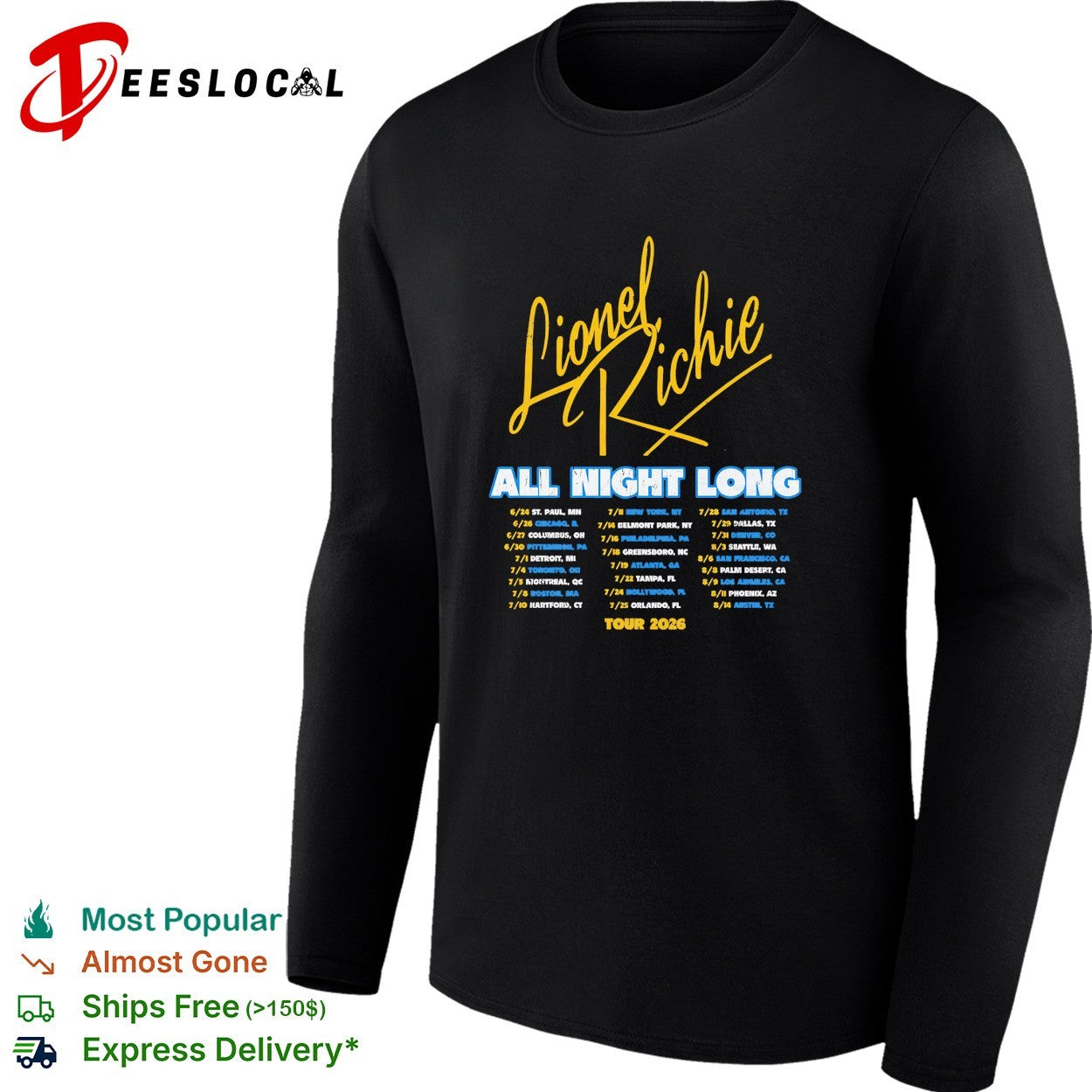 Lionel Richie all night long tour 2026 concert dates city list poster shirt
