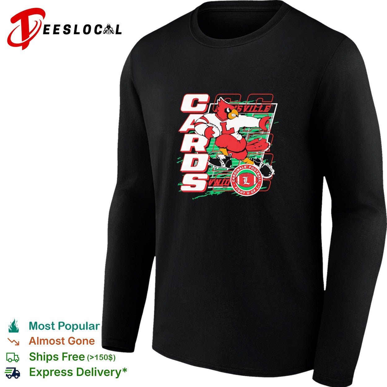 Louisville Cardinals Cards mascot running with football field fight U of L shirt