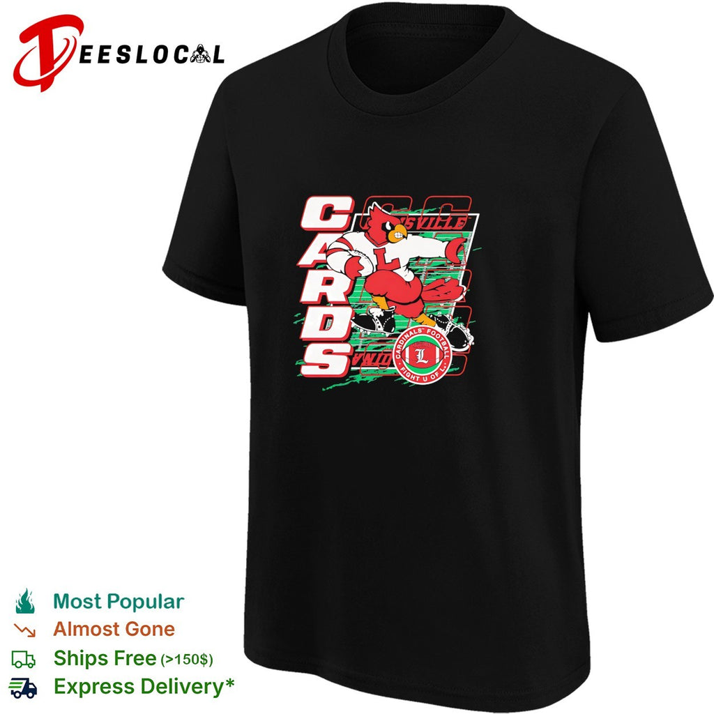 Louisville Cardinals Cards mascot running with football field fight U of L shirt
