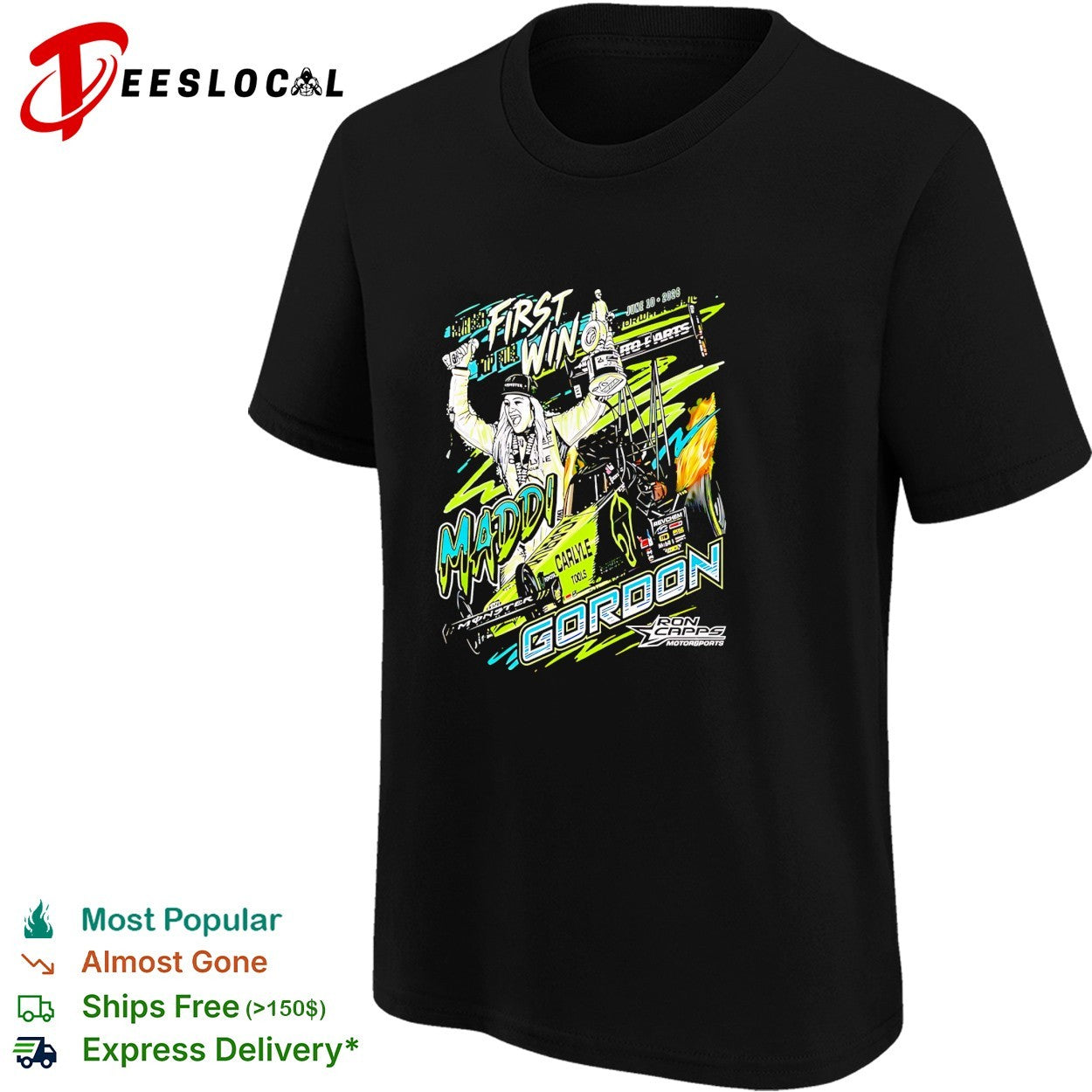 Maddi Gordon Ron Capps Motorsports celebrating first win holding trophy dragster shirt
