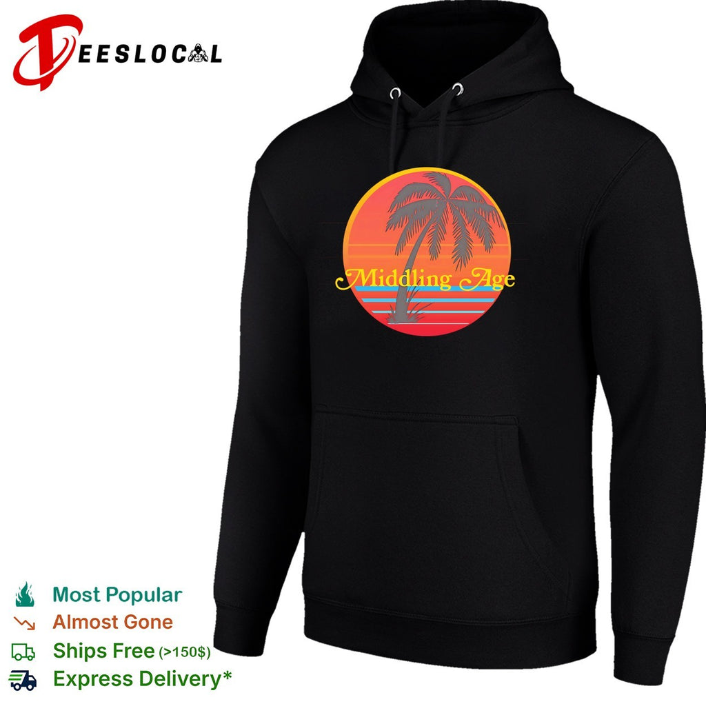 Middling Age band logo with retro sunset gradient and swaying palm tree silhouette shirt