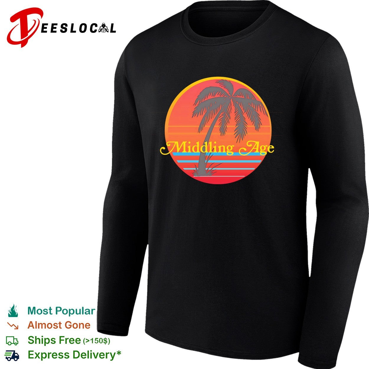 Middling Age band logo with retro sunset gradient and swaying palm tree silhouette shirt