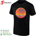 Middling Age band logo with retro sunset gradient and swaying palm tree silhouette shirt