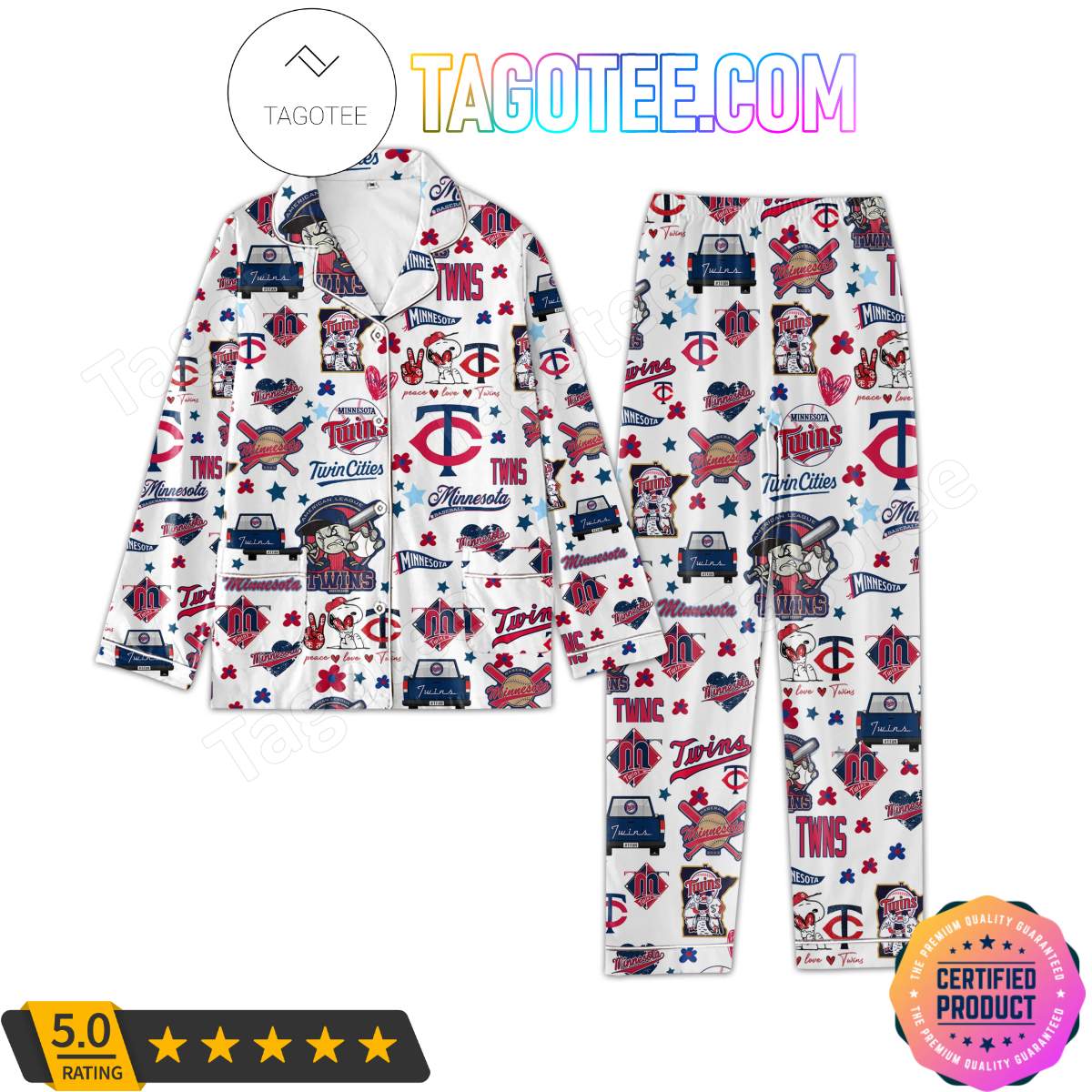 Minnesota Twins Love Pattern Sleepwear Pajama Pjs Set
