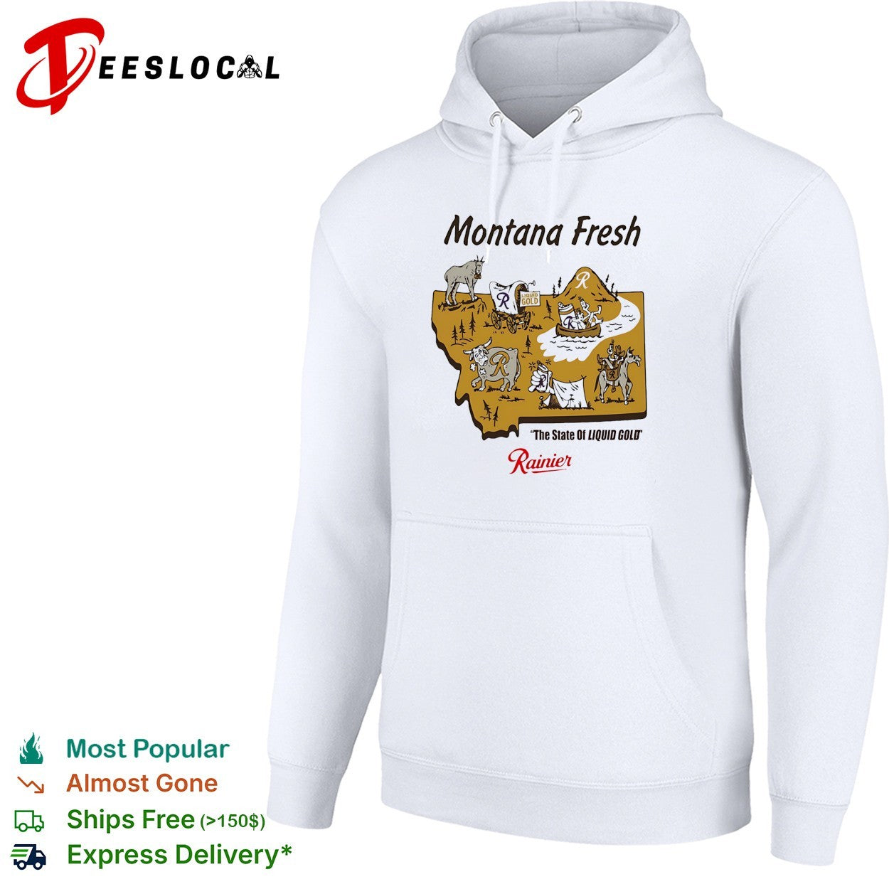 Montana fresh Rainier beer state map with goat bear canoe bull and cowboy shirt