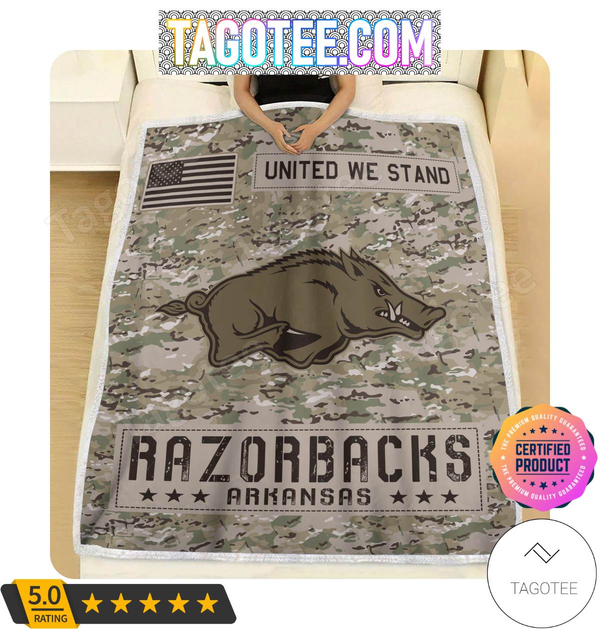 NCAA Arkansas Razorbacks United We Stand Camo Blanket