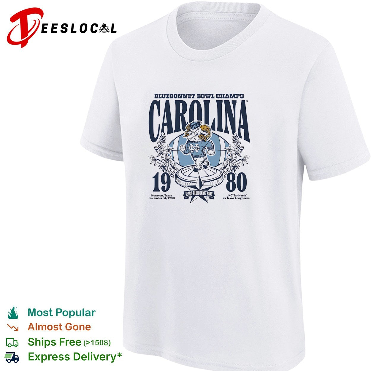 North Carolina Tar Heels Rameses mascot 1980 Bluebonnet Bowl champs shirt