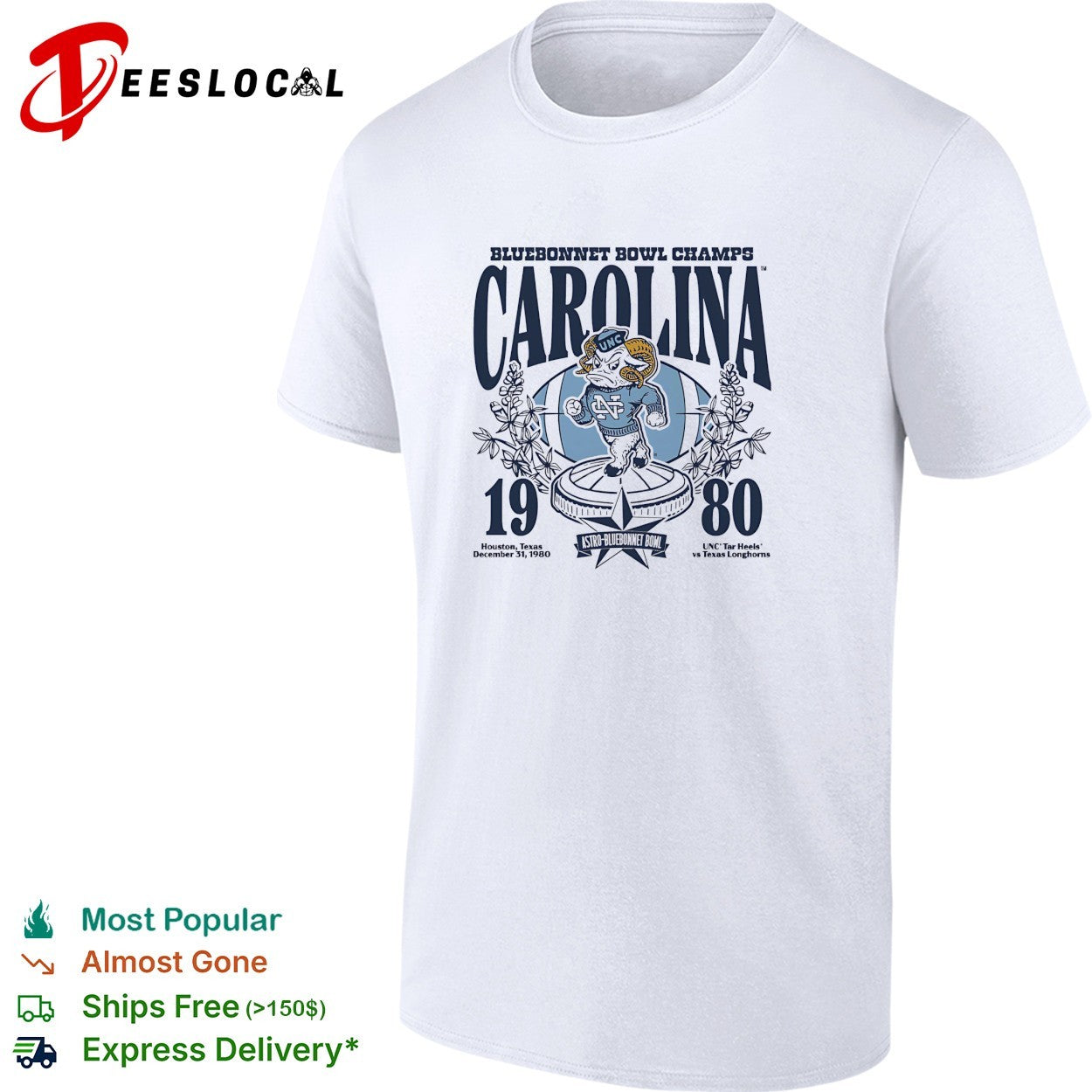 North Carolina Tar Heels Rameses mascot 1980 Bluebonnet Bowl champs shirt