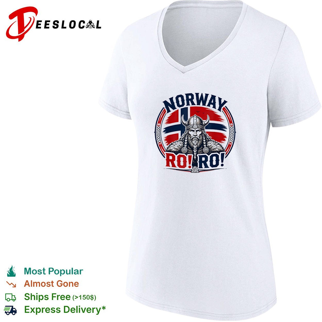 Norway Viking warrior with braided beard standing before flag circle badge ro ro shirt
