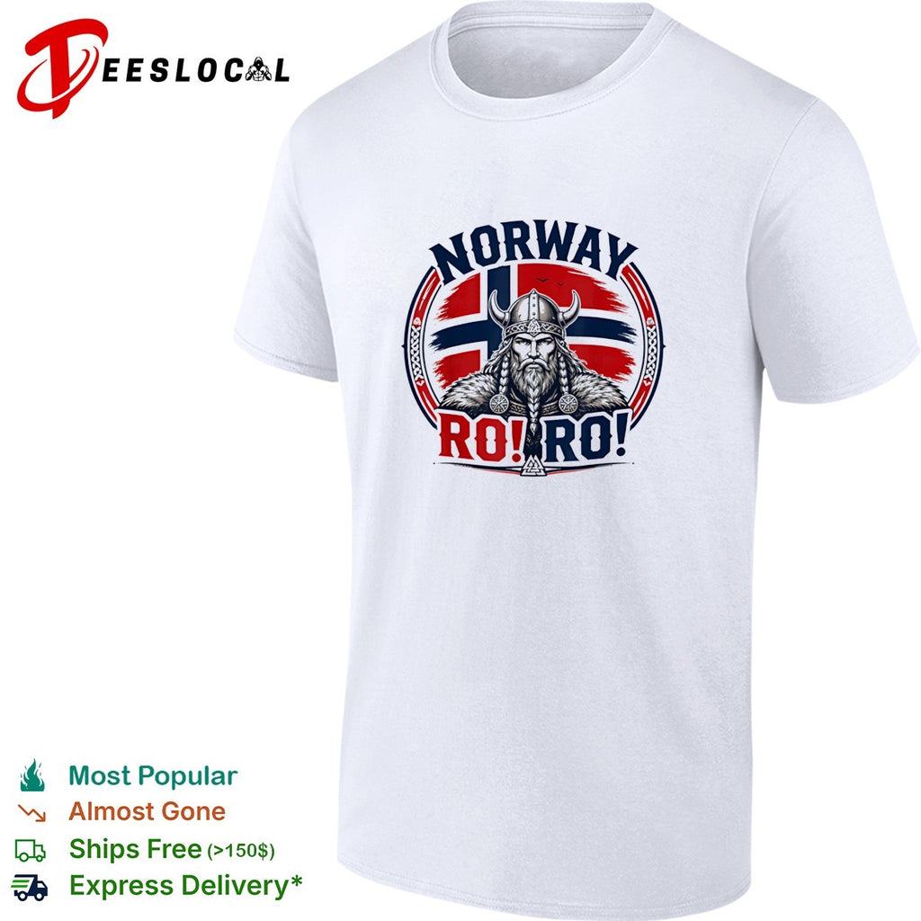 Norway Viking warrior with braided beard standing before flag circle badge ro ro shirt
