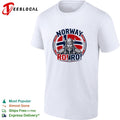 Norway Viking warrior with braided beard standing before flag circle badge ro ro shirt