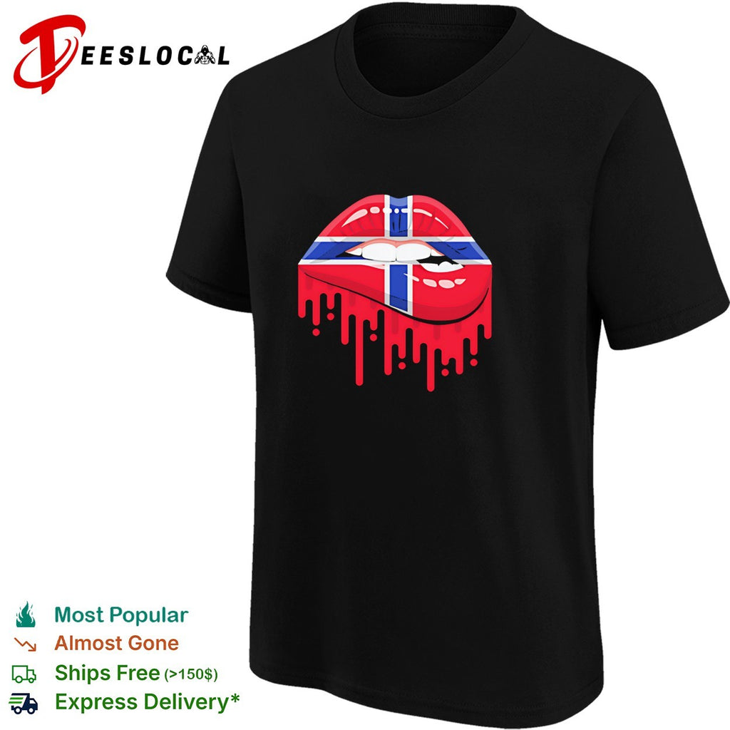 Norway flag pattern lips biting down and dripping blood drops graphic shirt