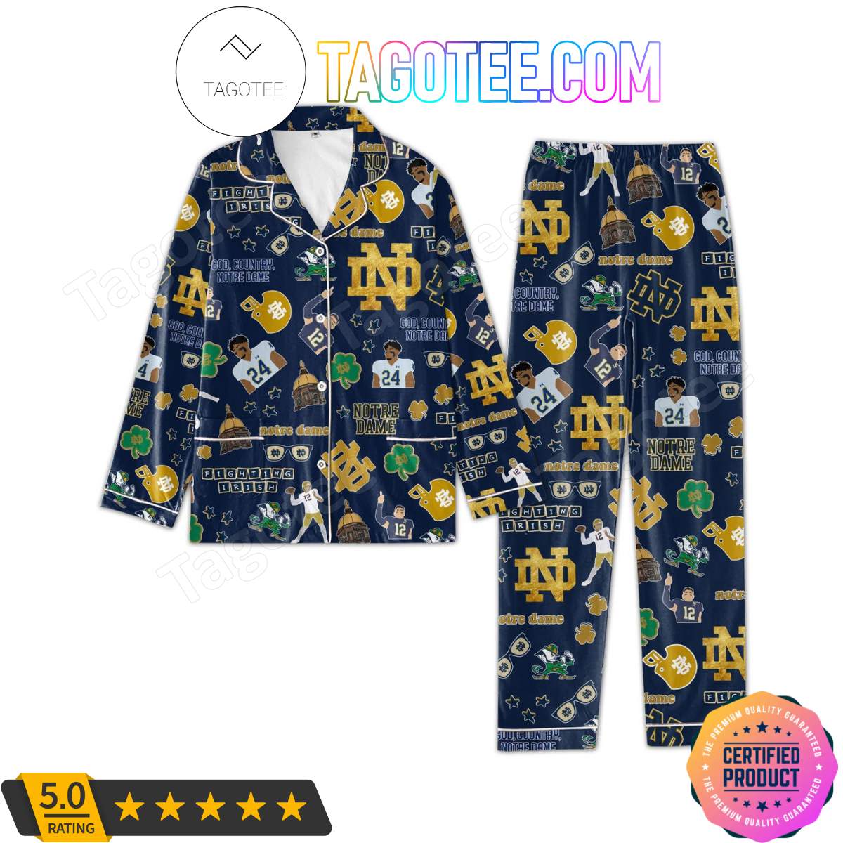 Notre Dame Fighting Irish Love Pattern Sleepwear Pajama Pjs Set