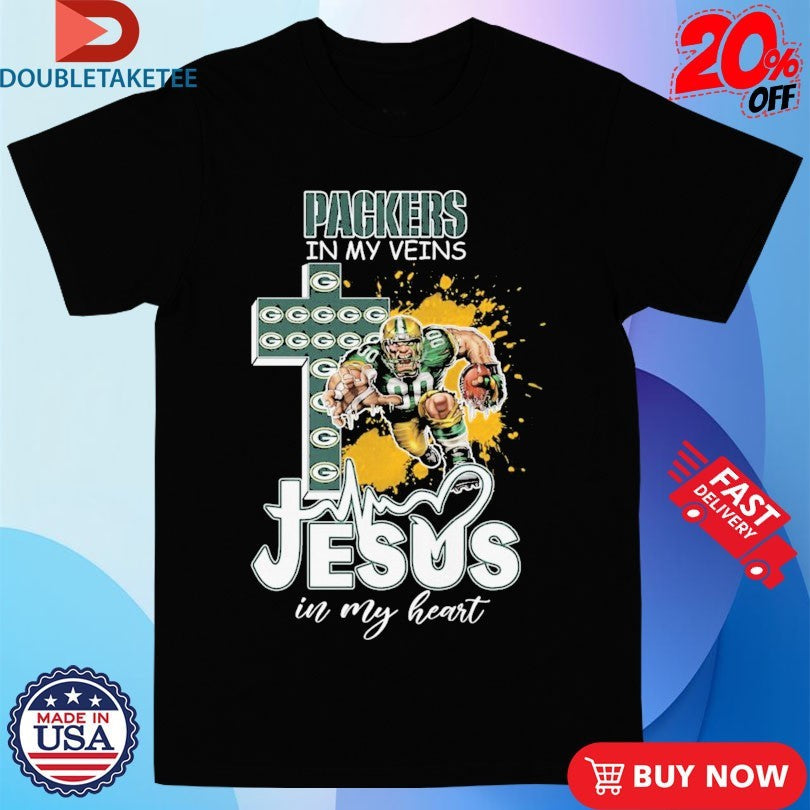 Official Green Bay Packers In My Veins Jesus In My Heart Mascot Cross Shirts Unisex , , , Long Sleeve Tee