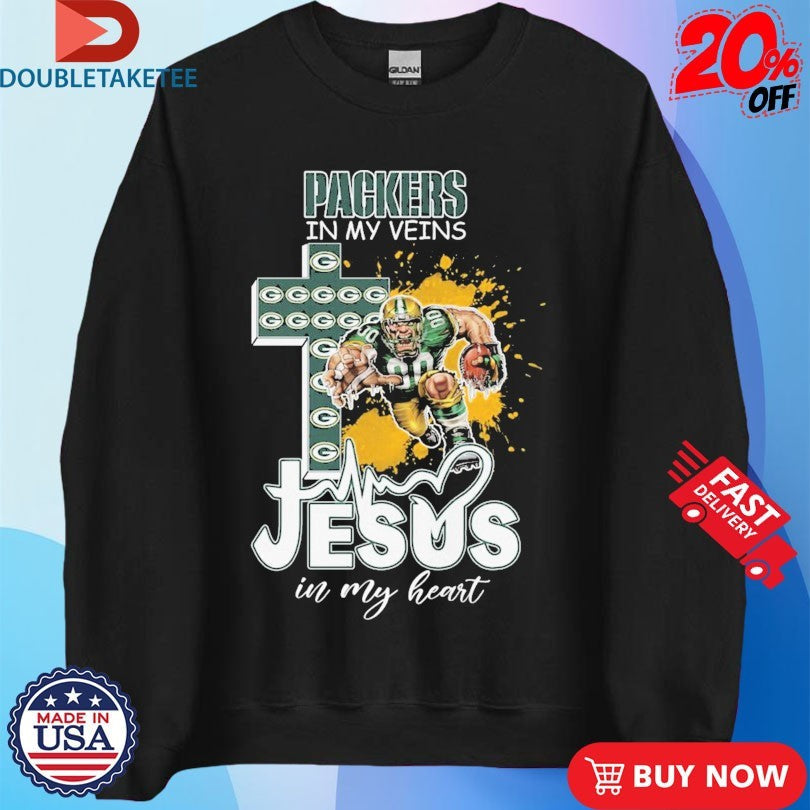 Official Green Bay Packers In My Veins Jesus In My Heart Mascot Cross Shirts Unisex , , , Long Sleeve Tee