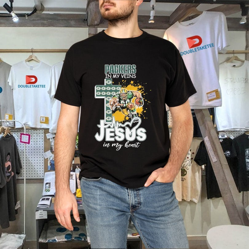 Official Green Bay Packers In My Veins Jesus In My Heart Mascot Cross Shirts Unisex , , , Long Sleeve Tee