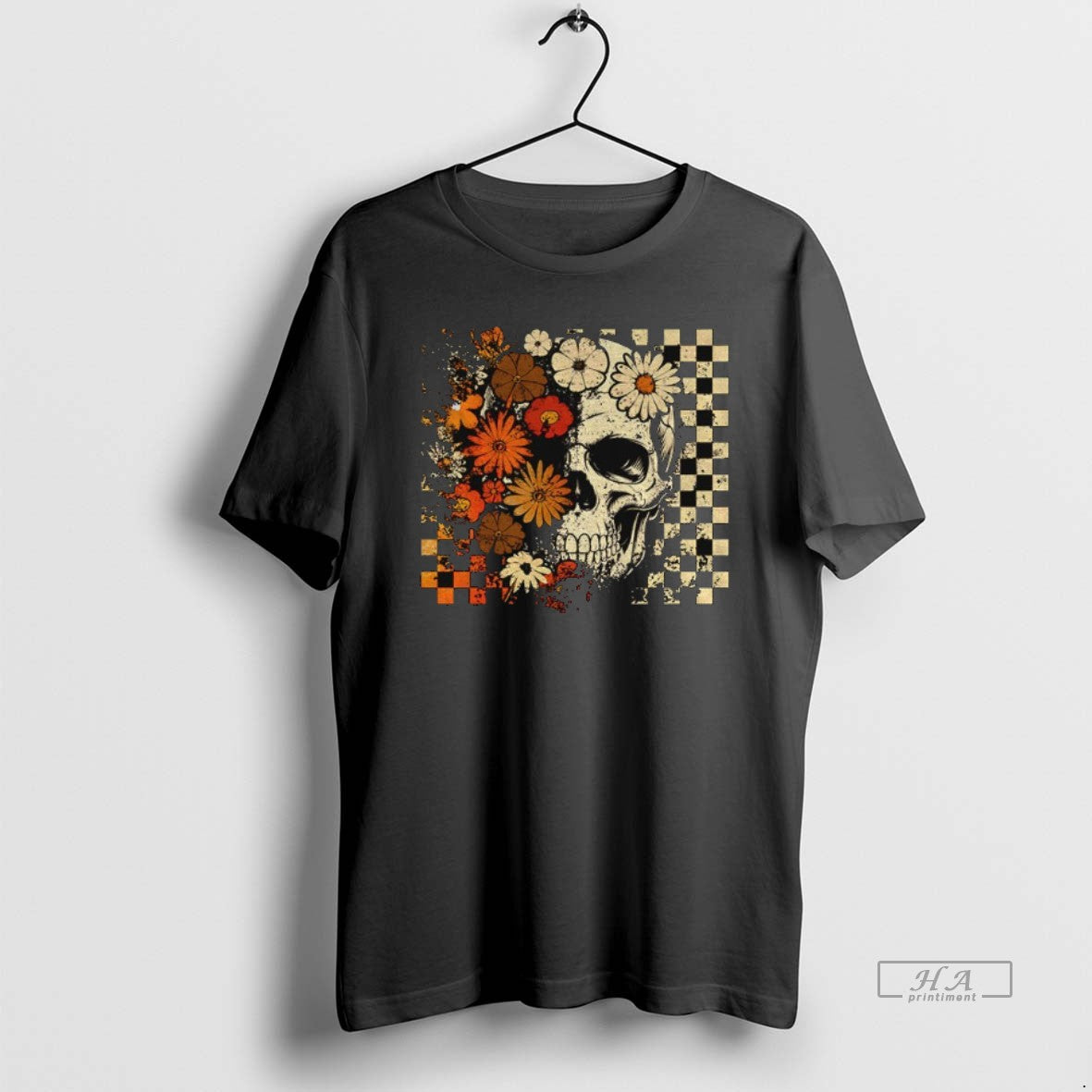 Official Trendy Funny Skull Checkered Skeleton Floral Spooky Season Halloween Unisex , , , Long Sleeve Tee