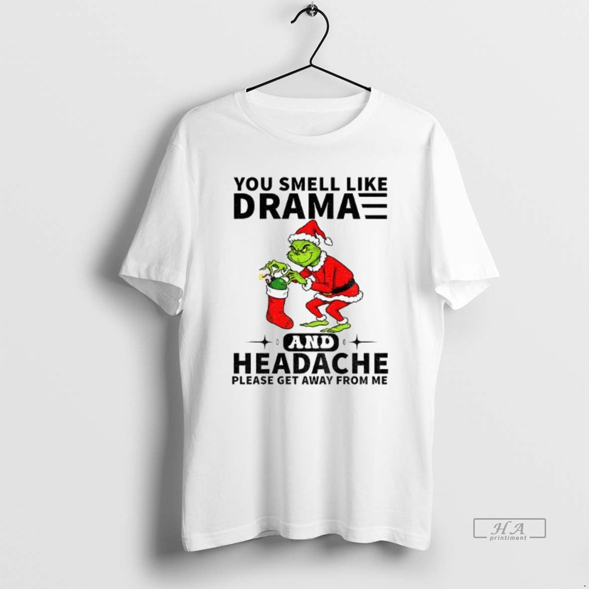 Official Trendy Grinch Santa Hat You Smell Like Drama And Headache Please Get Away From Unisex , , , Long Sleeve Tee