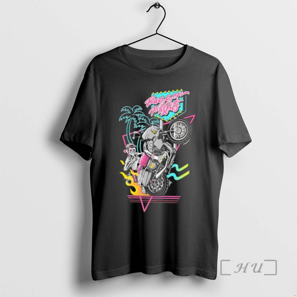 Officials Bagger Misfits Skeleton Riding Motorcycle Wheelie Neon Palm Trees
