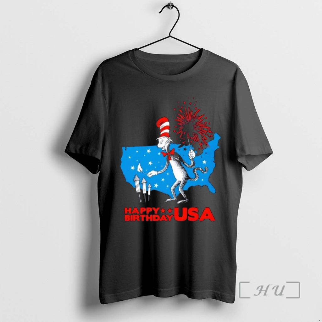 Officials Happy Birthday Usa Cat In The Hat Fireworks American Map Premium T Shirts Sweater