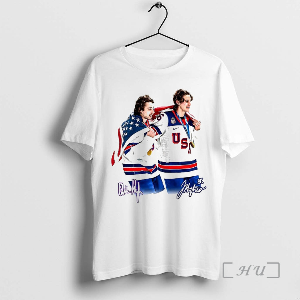 Officials Jack Hughes And Quinn Hughes Brotherhood Team Usa Ice Hockey Signature Premium T Shirts