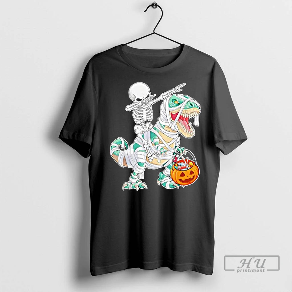 Officials Skeleton Riding Dancing Dab Dinosaur Trex Halloween Ladies T Shirt