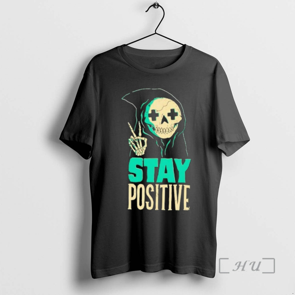 Officials Stay Positive Skeleton Reaper Making Peace Sign Skeleton Hand Gesture Premium T Shirts Sweater