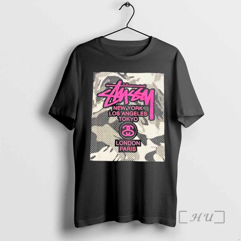 Officials Stussy New York Los Angeles Tokyo London Paris Pink Graphic Logo Premium T Shirts