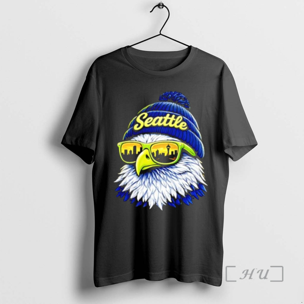 Officials Top Seattle Script Beanie Eagle Head Sunglasses Reflecting City Skyline Premium T Shirts Sweater