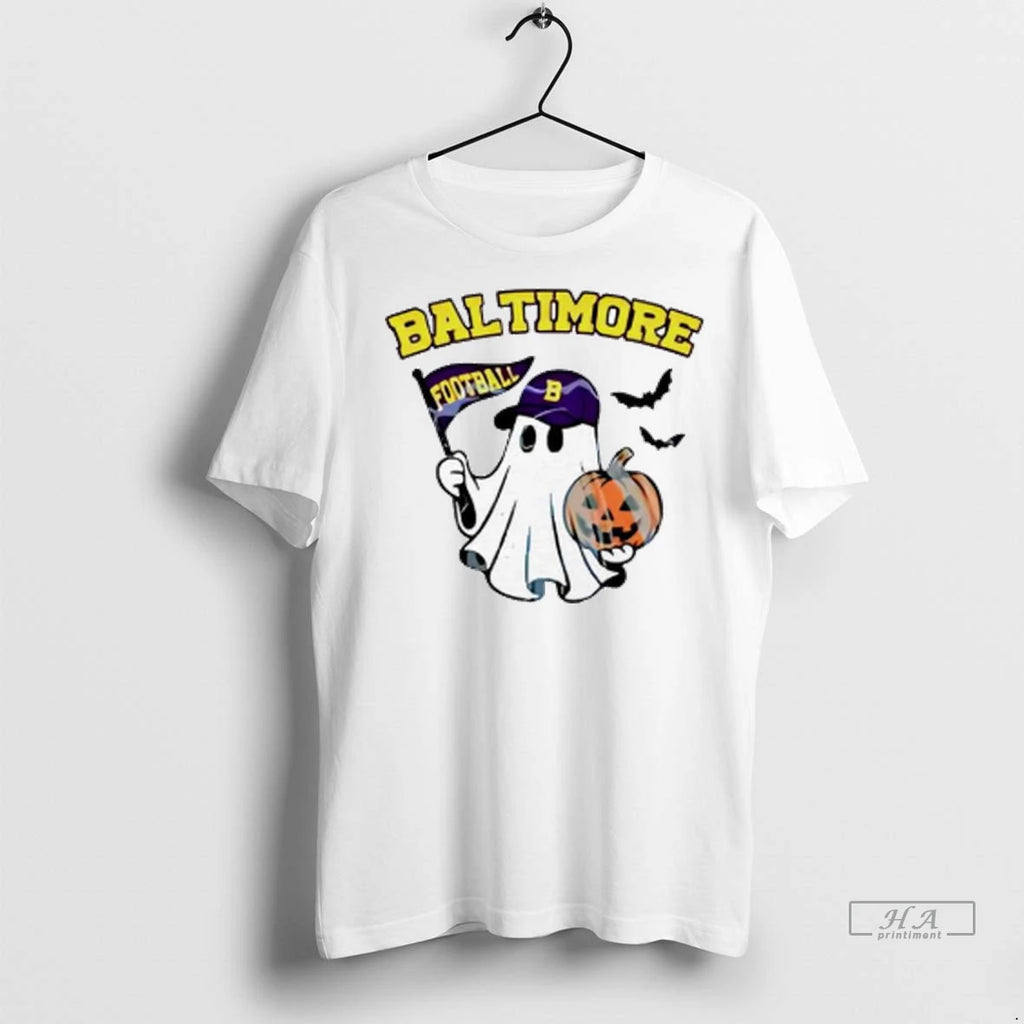 Officials Trendy Halloween Ghost Baltimore Ravens Football Flag Pumpkin Ladies Shirt Sweater