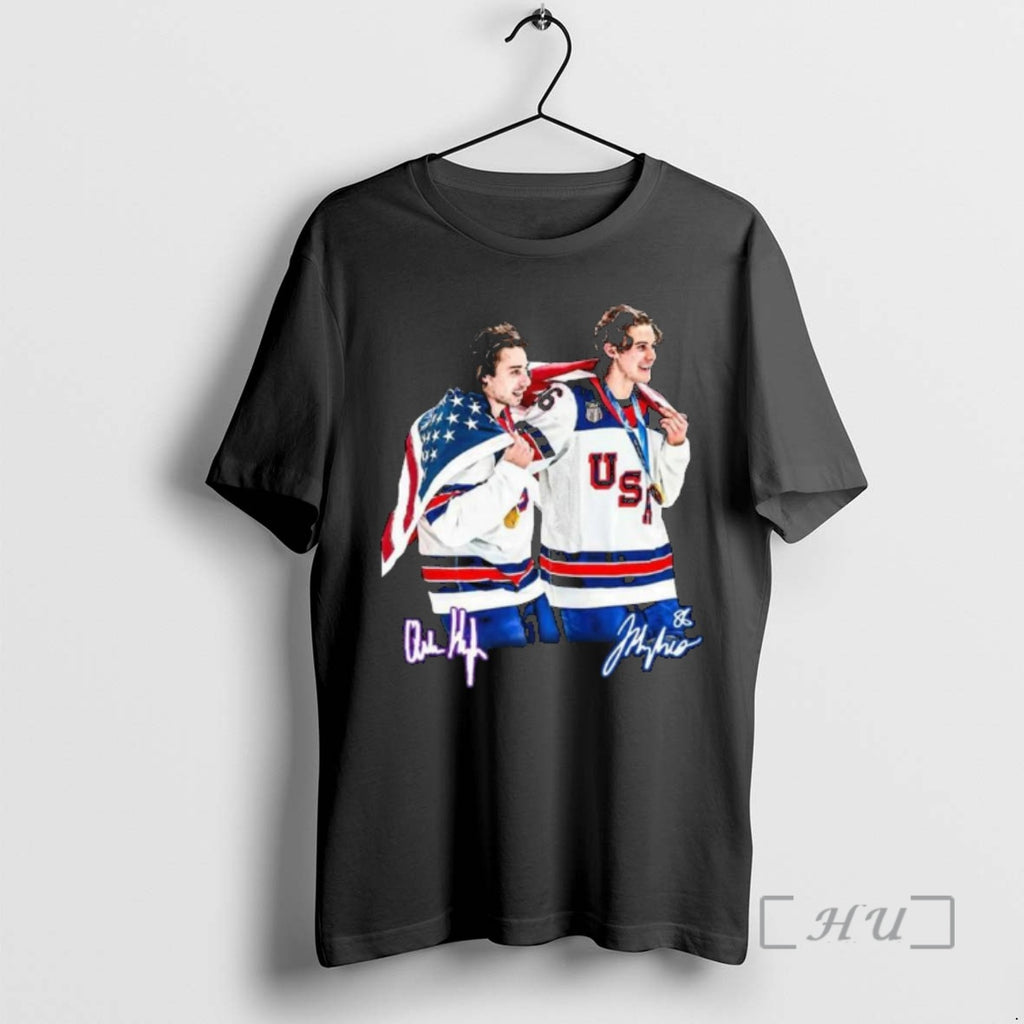 Officials Usa Gold Medal Hockey Champion Jack Hughes Quinn Hughes Signatures Premium T Shirts Sweater