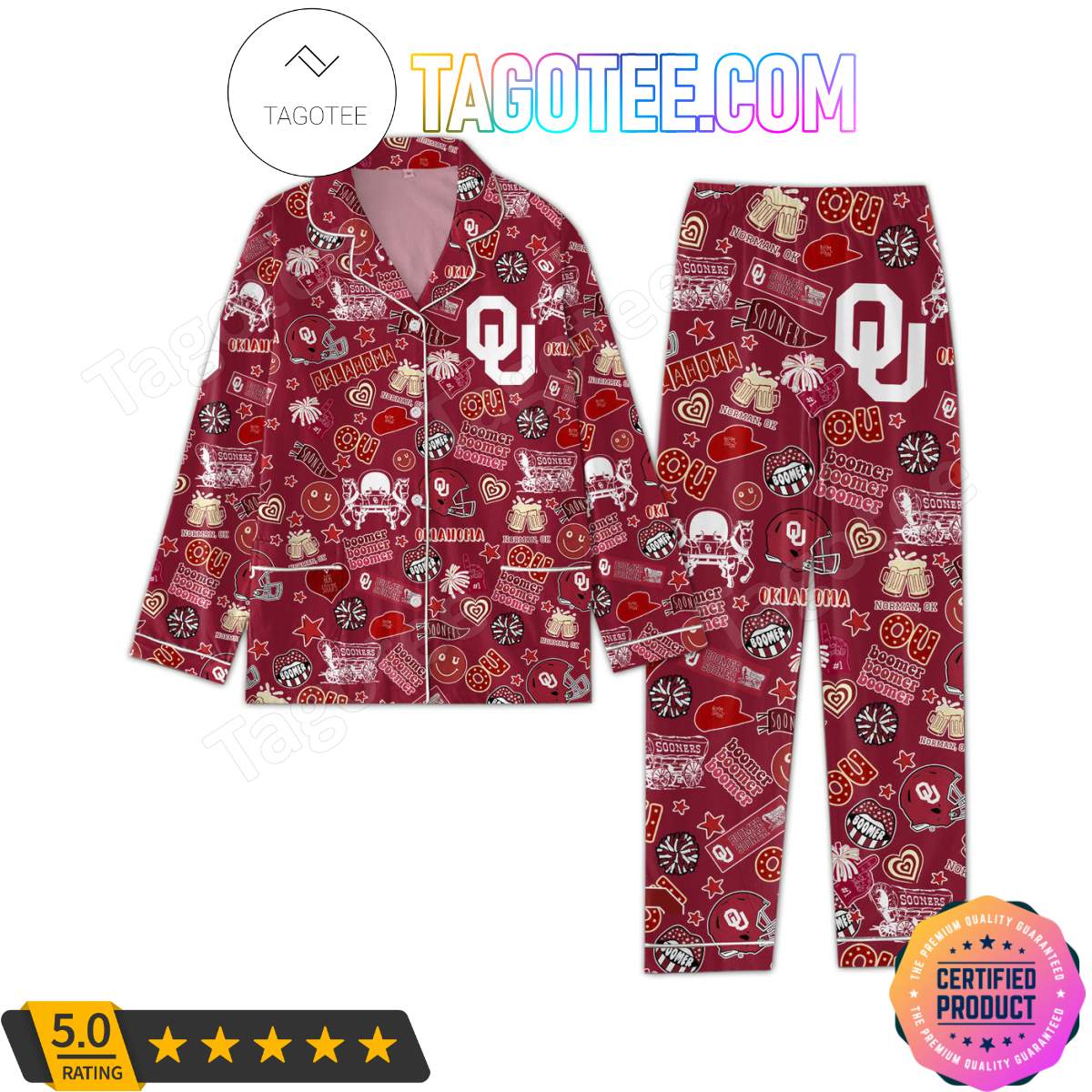 Oklahoma Sooners Love Pattern Sleepwear Pajama Pjs Set