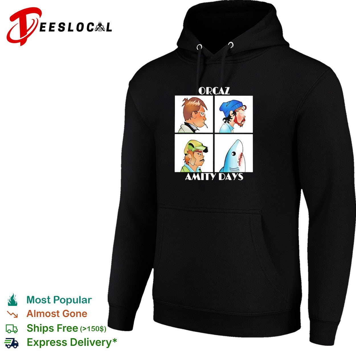 Orcaz Amity Days four character portrait grid parody shark bite album cover shirt