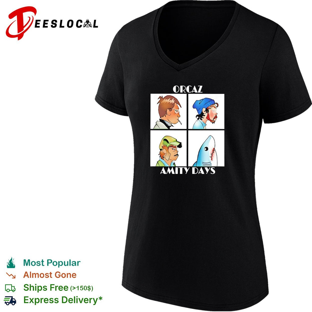 Orcaz Amity Days four character portrait grid parody shark bite album cover shirt