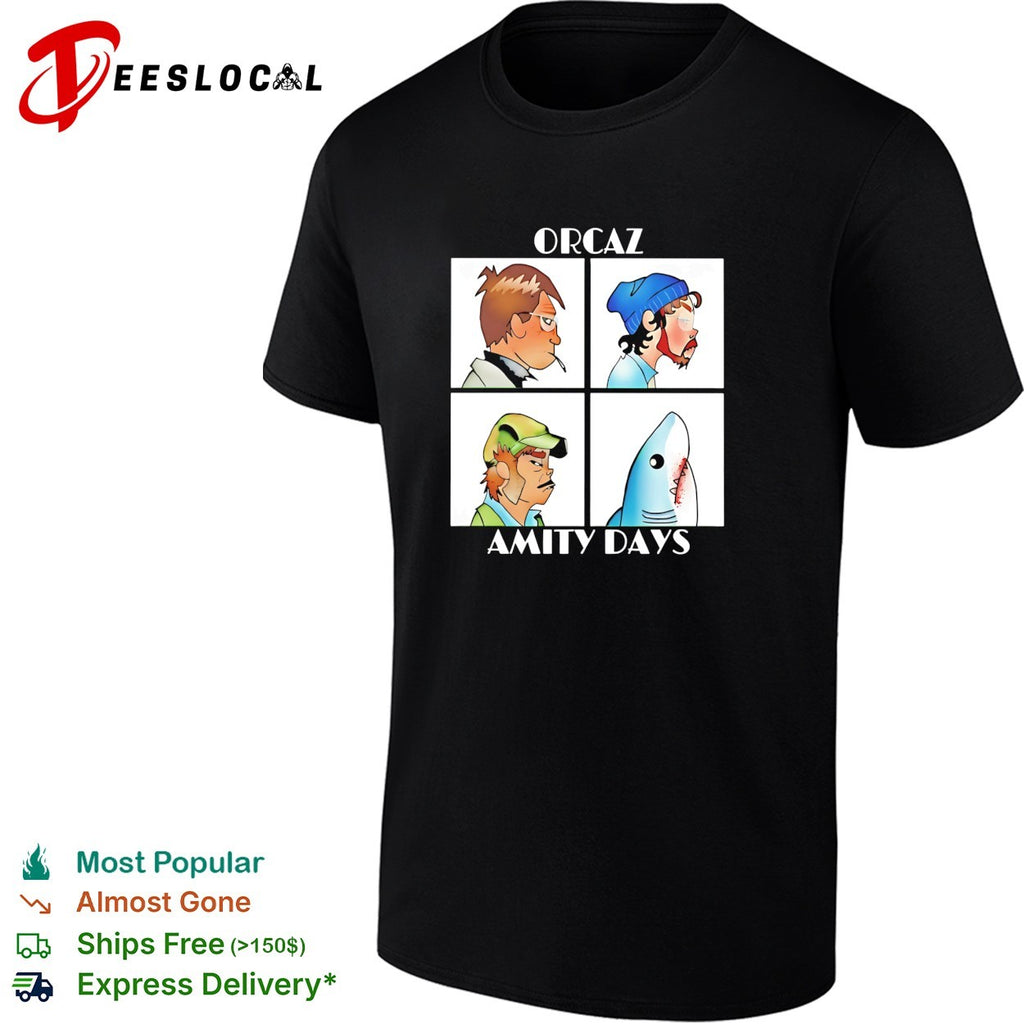 Orcaz Amity Days four character portrait grid parody shark bite album cover shirt
