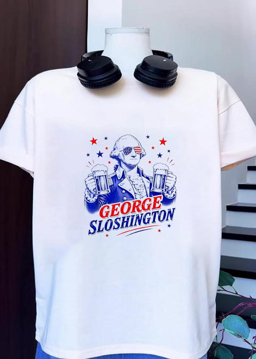 Party Patriot George Sloshington Drinking Beer T-Shirt