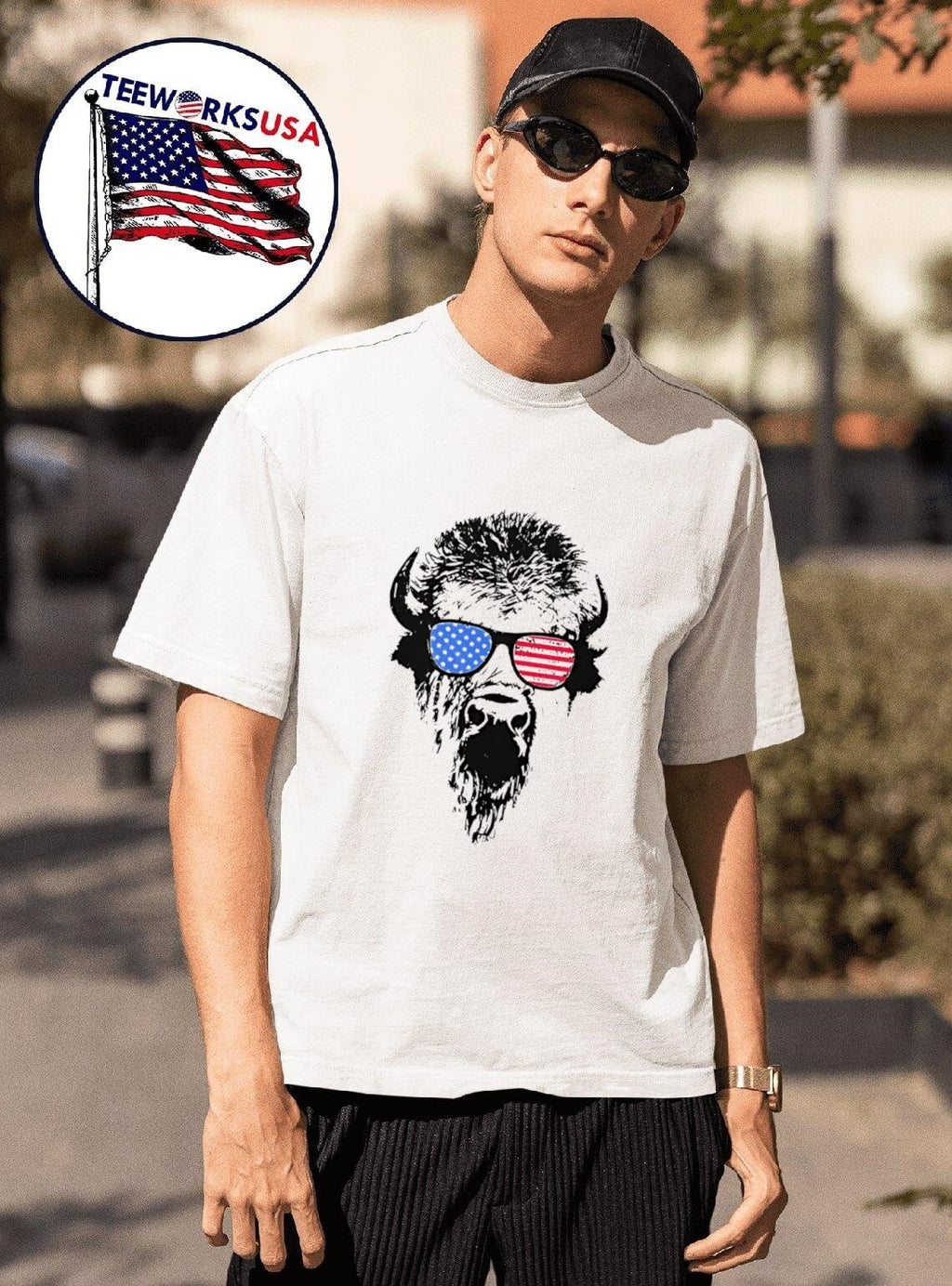 Patriotic Buffalo USA Flag American Red White Blue Sunglasses Shirt