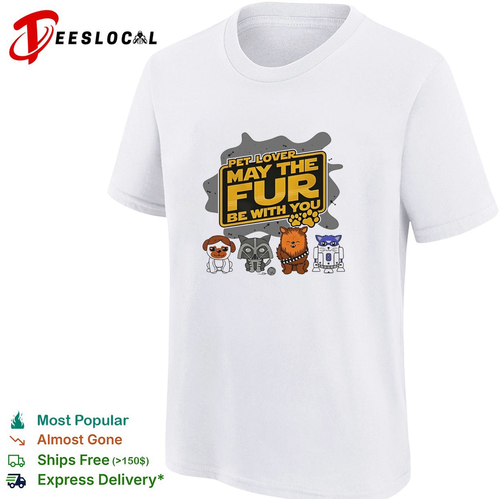 Pet lover may the fur be with you dog cat raccoon and droid parody paw print shirt