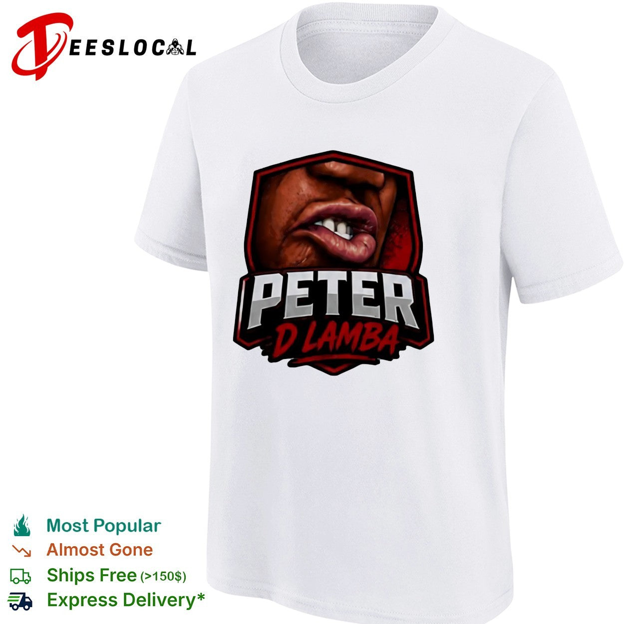Peter D Lamba shield badge logo featuring biting lip and teeth close up shirt