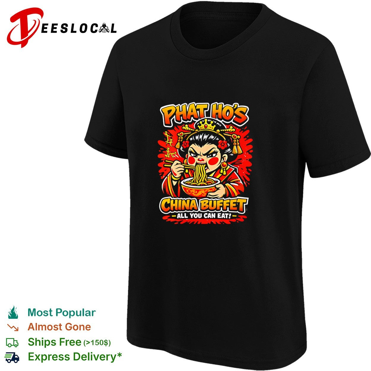 Phat Ho’s China buffet cartoon woman eating noodles all you can eat meme shirt