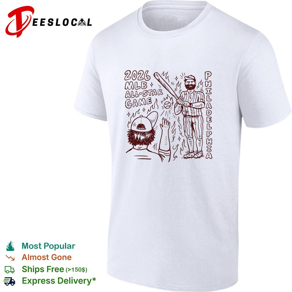 Philadelphia Phillies 2026 MLB all star game player swinging bat while fan cheers on fire shirt