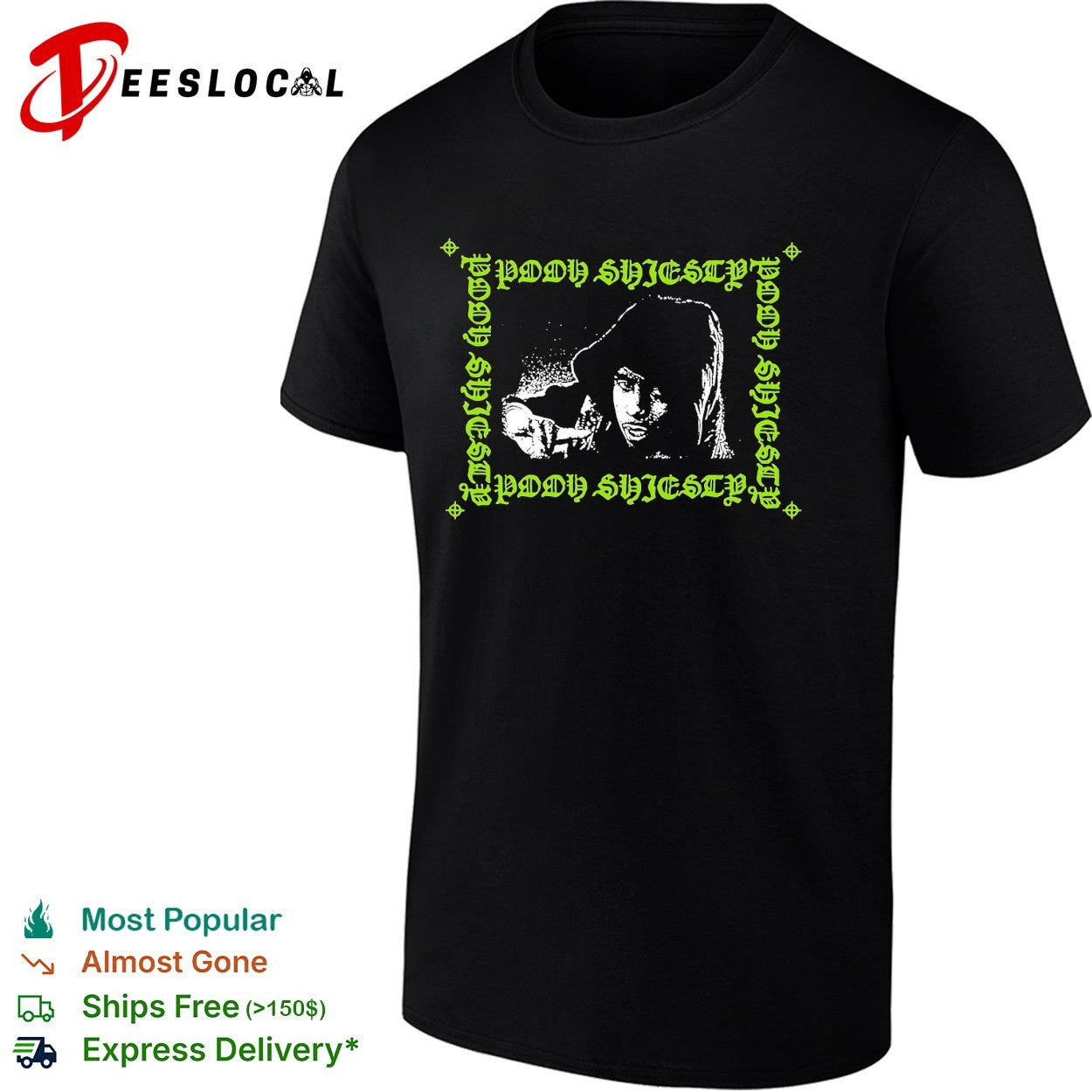 Pooh Shiesty hooded figure smoking cigarette gothic border repeated text logo shirt